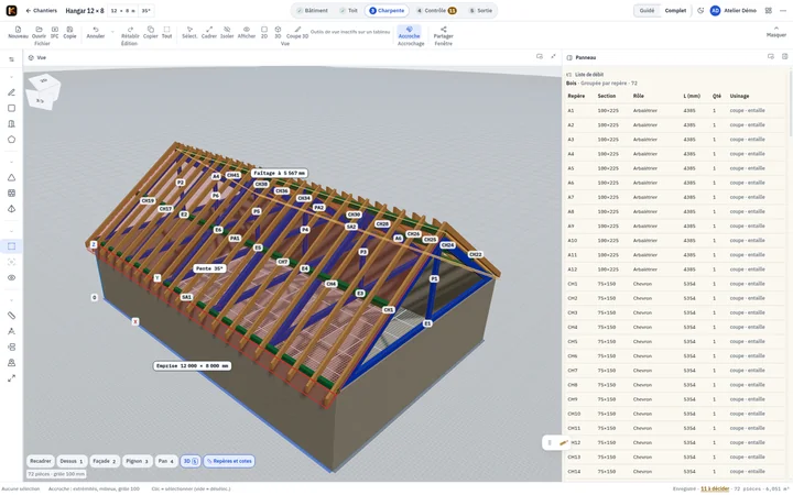 Liste de débit Knot Carpenter : sections, longueurs et quantités par pièce