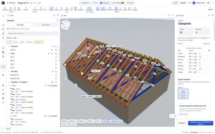 Studio Knot Carpenter nel browser: vista 3D di una struttura, albero dei pezzi e proprietà