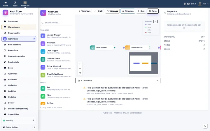 Éditeur Knot Core : workflow sur commande client, déclencheur et nœuds d’action
