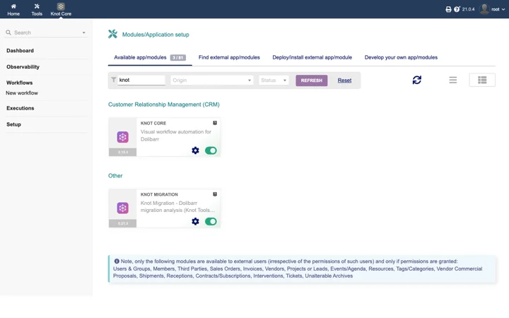 Écran Modules de Dolibarr avec Knot Core activé